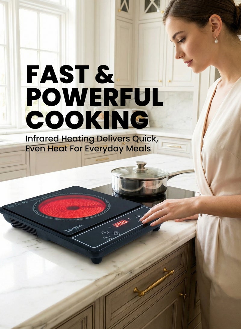 TEAM Infrared Cooker 2000W with Digital LED Display, Black Crystal Plate, 10 Power Levels, Button Control, Timer Function - Image 2